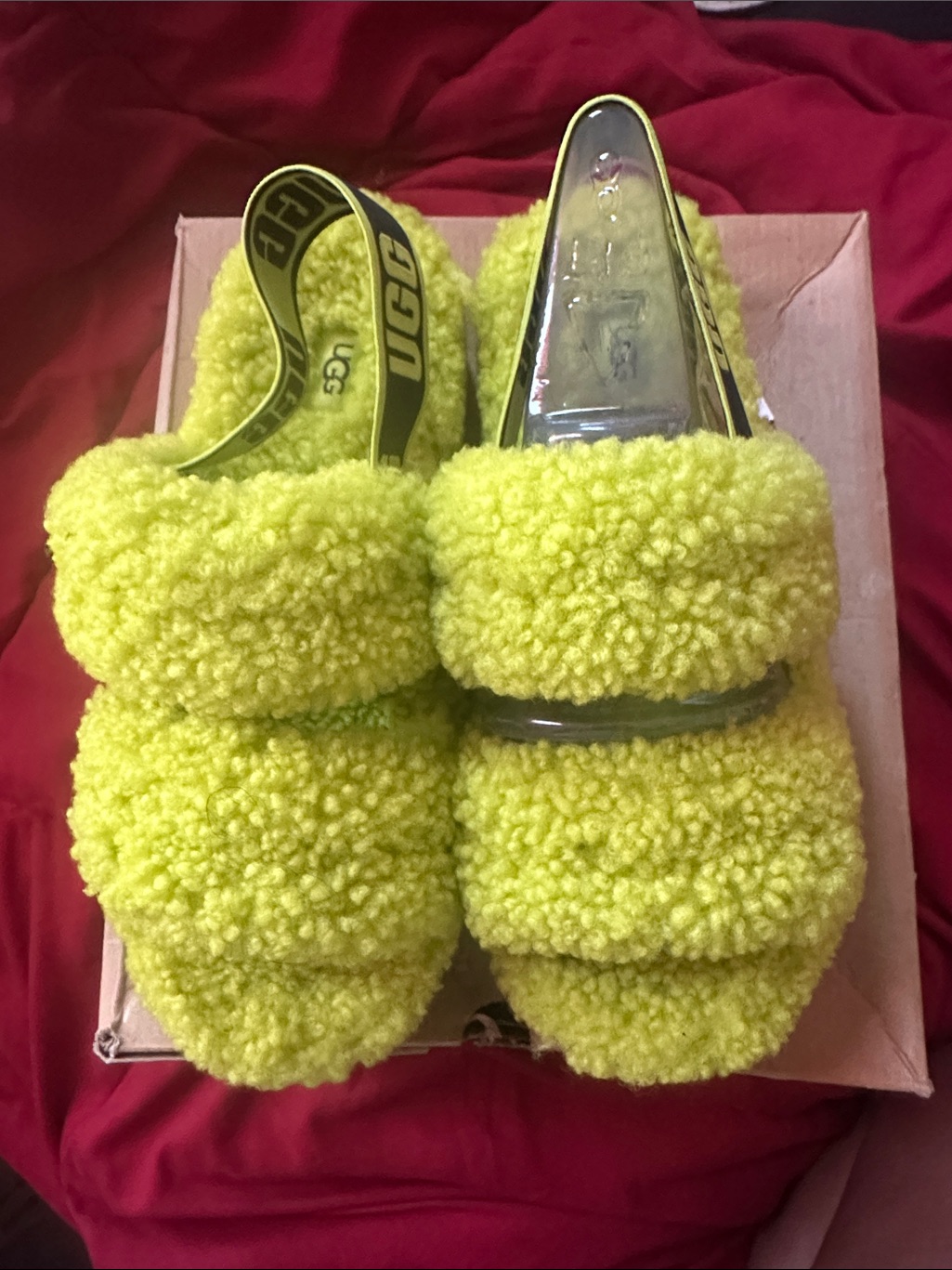 Ugg Fluff Slide In Neon YellowGreen Sherpa With Logo Heel Strap New In Box